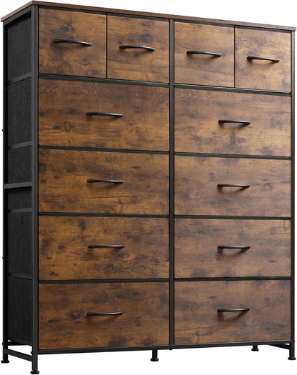 WLIVE Tall Dresser for Bedroom with 12 Drawers, Chests of Drawers, Fabric Dresser for Bedroom, Closet, Fabric Storage Dressers with Drawers, Steel Frame, Rustic Brown Wood Grain Print