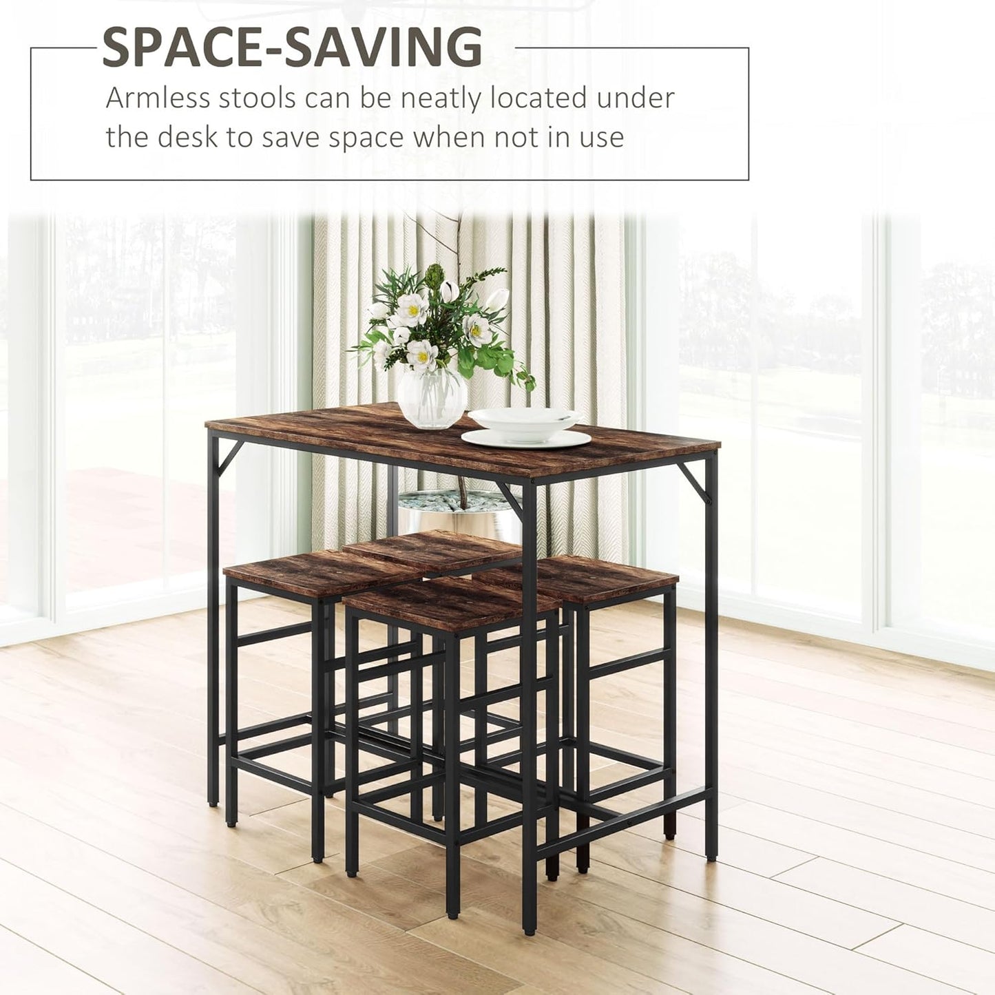 HOMCOM Industrial Rectangular Bar Table Set with 4 Stools for Dining Room, Kitchen, Dinette