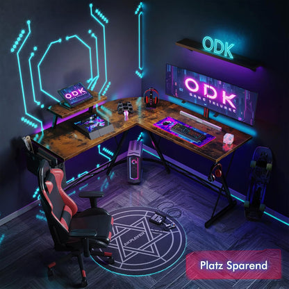 ODK L-Shaped Desk, Computer Desk, Office Desk with Round Corner, Gaming Table with Monitor Tray, 50 x 50 Inch, Vintage