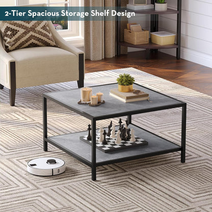 SAYGOER Coffee Table for Living Room, Square Modern Coffee Tables with Storage, 2 Tier Small Farmhouse Center Table for Office Apartment Home, Gray Wood Tabletop, Easy Assembly