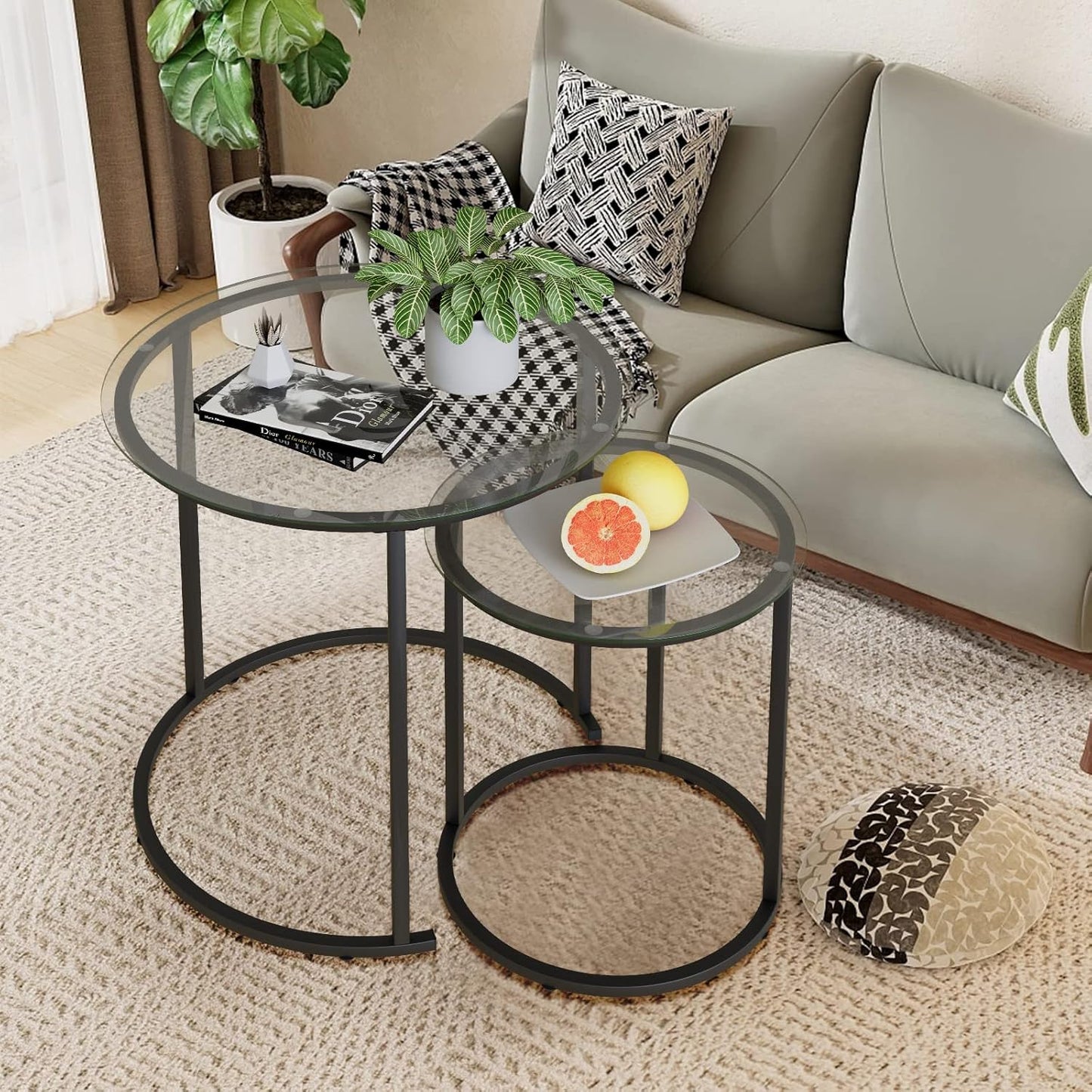 Azheruol Nesting Coffee Table Set of 2,Modern Black Tempered Glass Side Table, Metal Frame Round End Table.Small Glass Tea Table for Living Room,Bedroom Studio Apartment Essentials? 23.2In