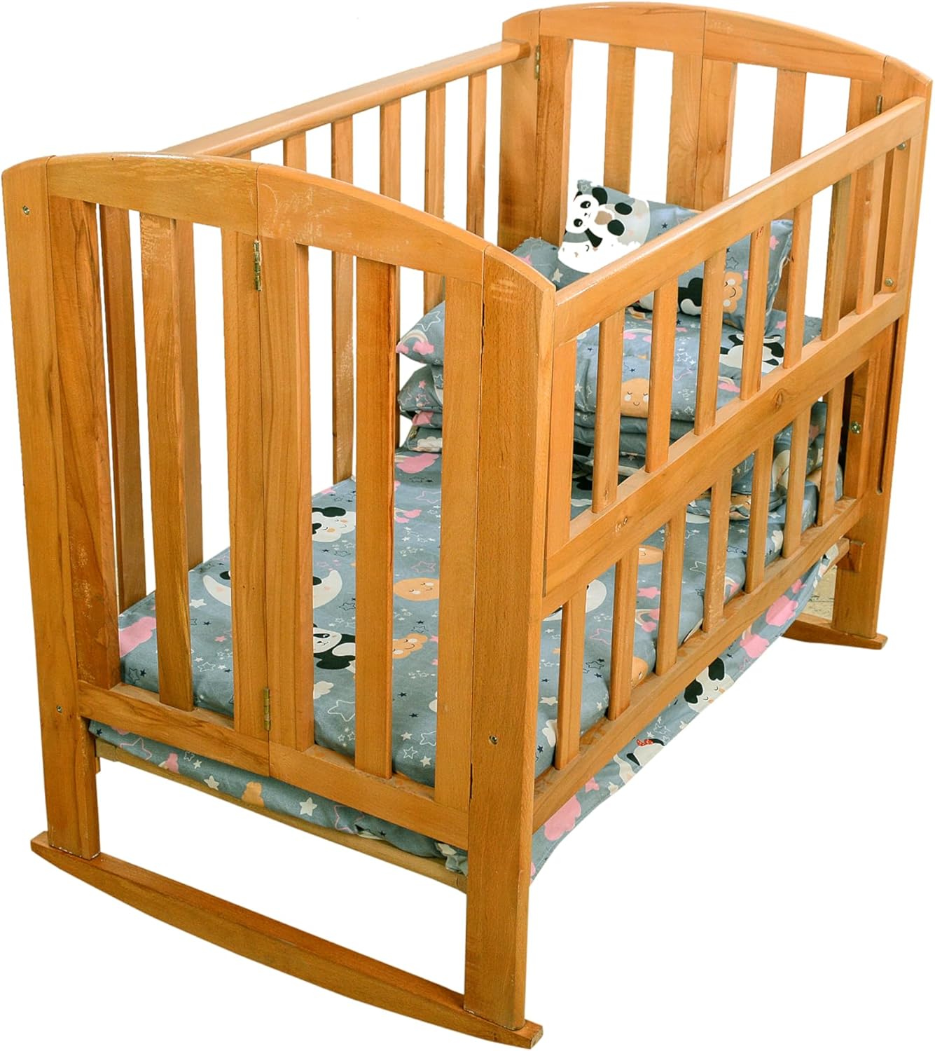 Beech Wood Baby Bed 3 Levels Side Opening for Easy Attachment for Mom Bed Comes with Free Gift Mattress + 4 Piece Fiber Sides Sheet Pillow