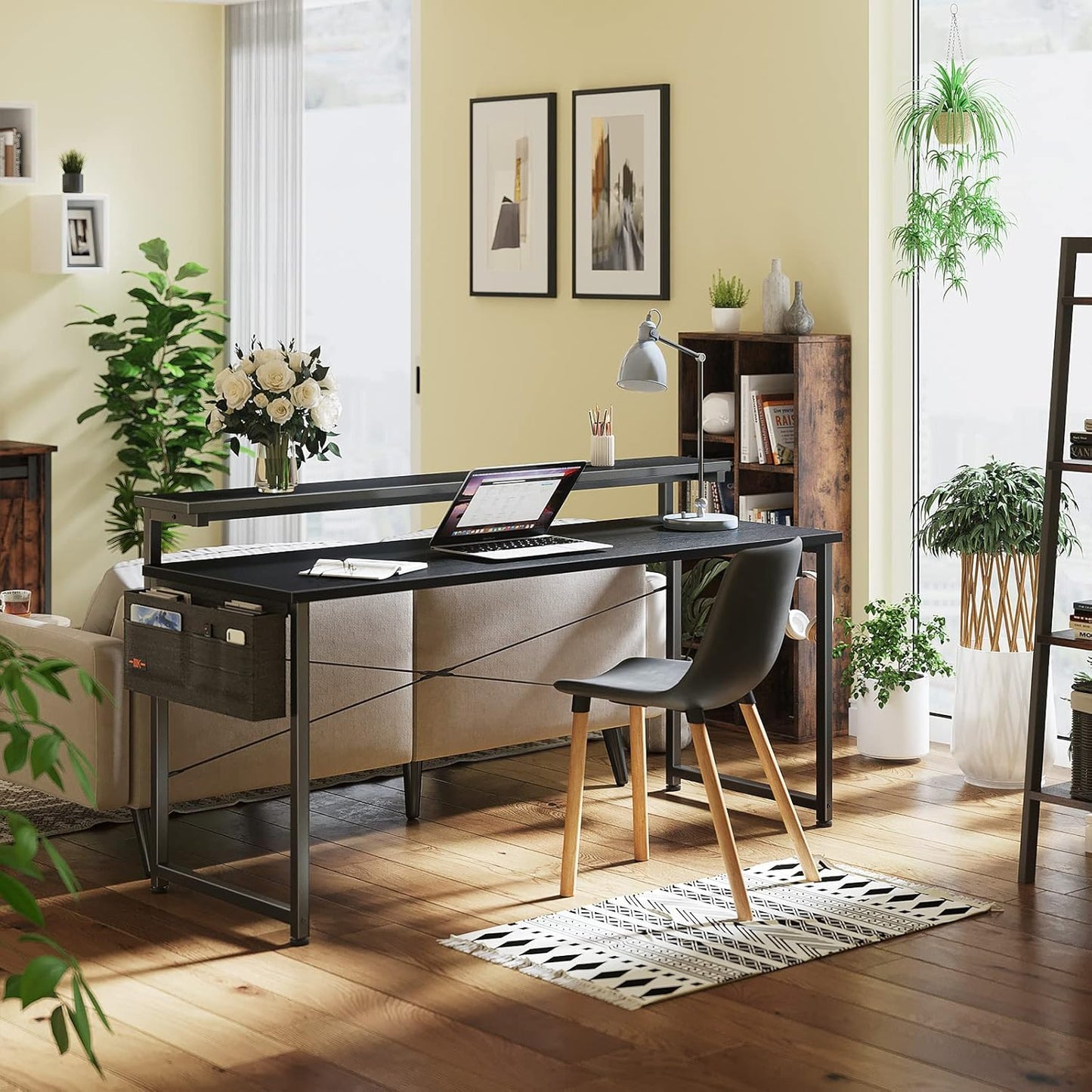 ODK Computer Desk with Adjustable Monitor Shelves, 63 inch Home Office Desk with Monitor Stand, Writing Desk, Study Workstation with 3 Heights (10cm, 13cm, 16cm), Black
