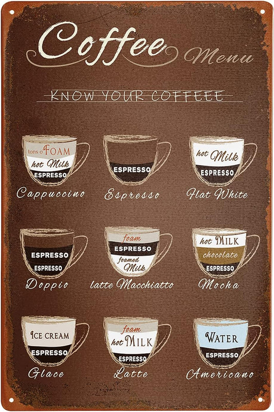 Giwawa Retro Coffee Menu Tin Sign Cafe Signs Know Your Coffee Tin Signs Wall Retrospective Art Man Cave Metal Bar Pub Poster Metal Decor Poster Ptyle Wall Hanging 12 X 8in