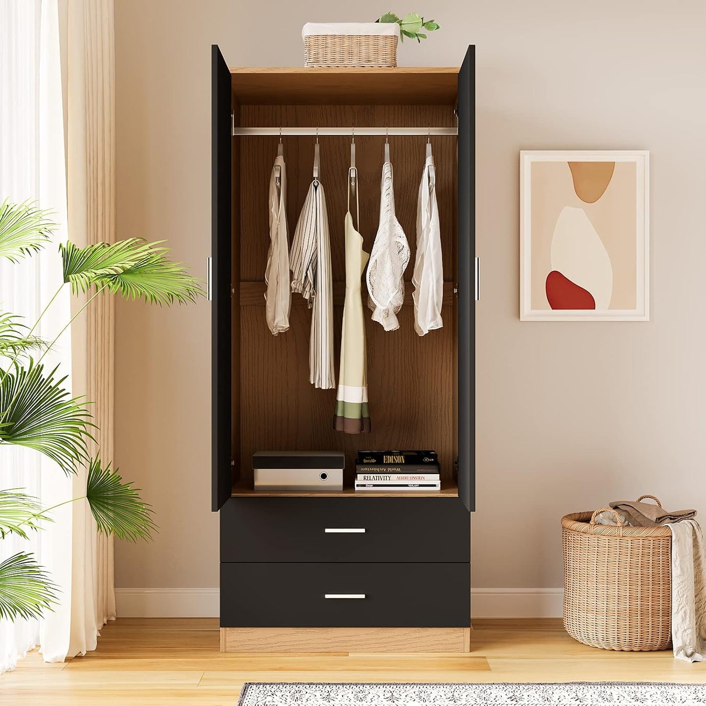 Panana 2 Door 2 Drawer Wardrobe with Hanging Rail Wooden Clothes Storage Cupboards Unit for Bedroom Furniture 76.8 * 50 * 180cm (Black with Oak)