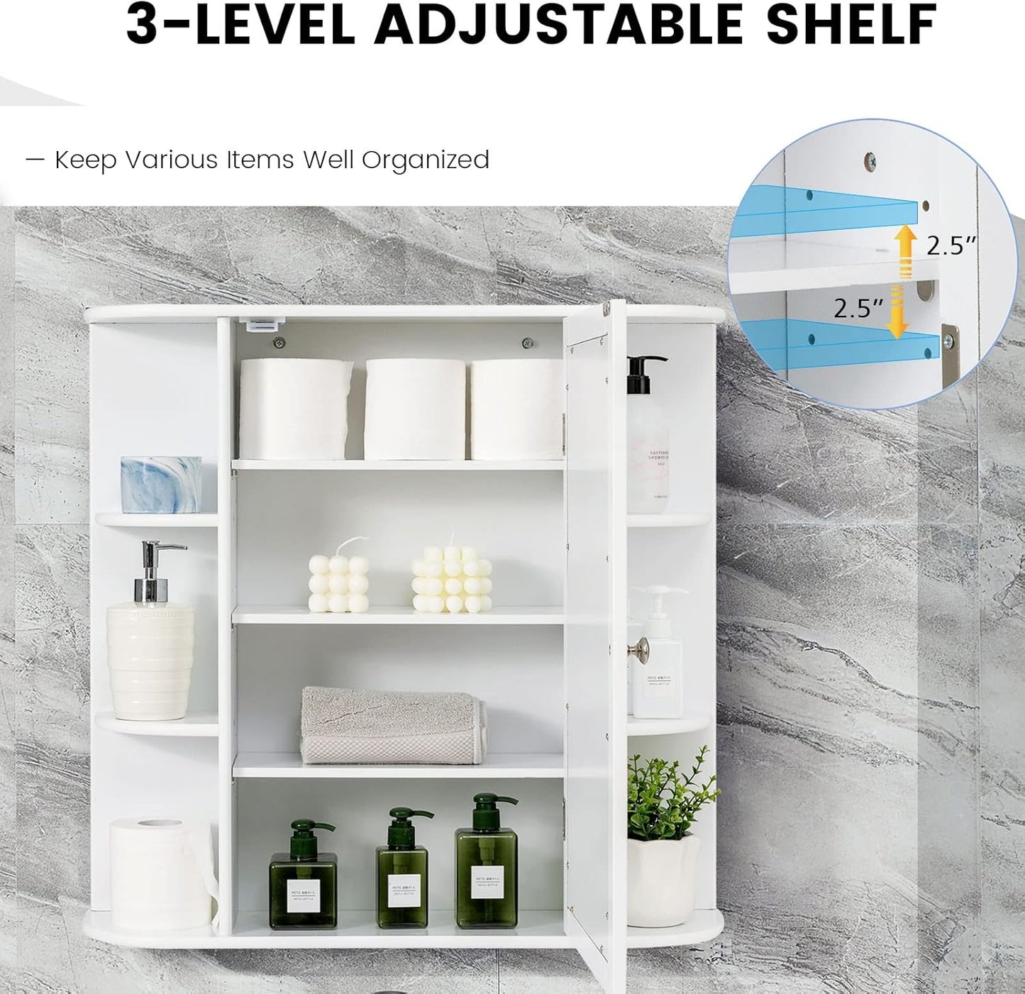 LIFEZEAL Bathroom Wall Cabinet with Mirror, MDF Hanging Storage Unit, Height Adjustable Shelves, Toilet Storage Cupboard 66 x 16.5 x 62 cm (White)