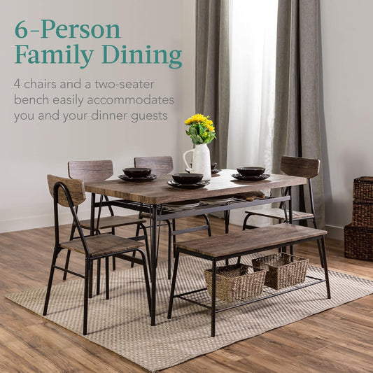 Best Choice Products 6-Piece 55in Wooden Modern Dining Set for Home, Kitchen, Dining Room w/Storage Racks, Rectangular Table, Bench, 4 Chairs, Steel Frame - Brown