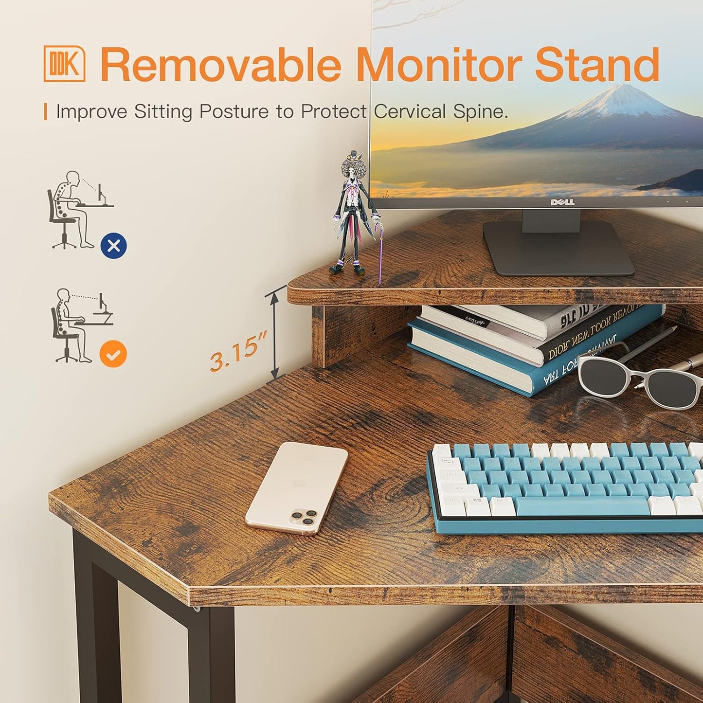 ODK Corner Desk Space Saving Small Desk with Sturdy Steel Frame, Computer Desk with Monitor Stand for Small Space, Easy Assembly Triangle Vanity Desk with Durable Wooden Desktop, Vintage