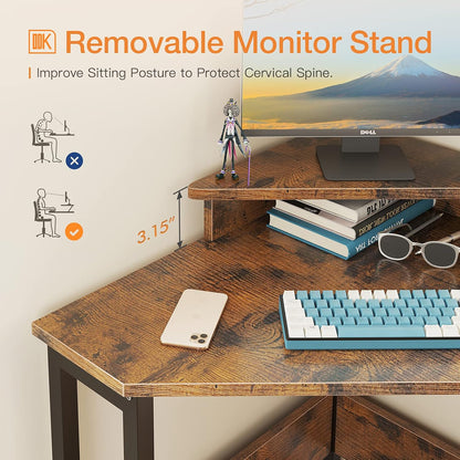 ODK Corner Desk Space Saving Small Desk with Sturdy Steel Frame, Computer Desk with Monitor Stand for Small Space, Easy Assembly Triangle Vanity Desk with Durable Wooden Desktop, Vintage