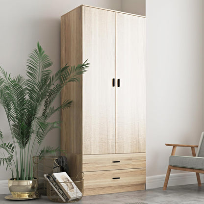 URBNLIVING Tall Wooden 2 Door Oak Wardrobe With 2 Drawers Bedroom Storage Hanging Bar Clothes (Oak Carcass + Oak Drawers)