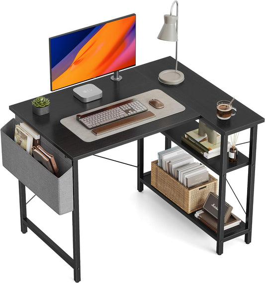 CubiCubi 47 Inch Small L Shaped Computer Desk with Storage Shelves Home Office Corner Desk Study Writing Table, Deep Brown