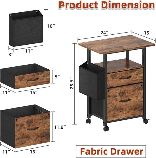 GYIIYUO 2 Drawer File Cabinet with 24'' Extended Desktop, Mobile Filing Cabinet, Rolling File Cabinet with Side Bag, Fabric Drawer, Fits A4/Letter Size, Printer Stand Home Office, Light Brown