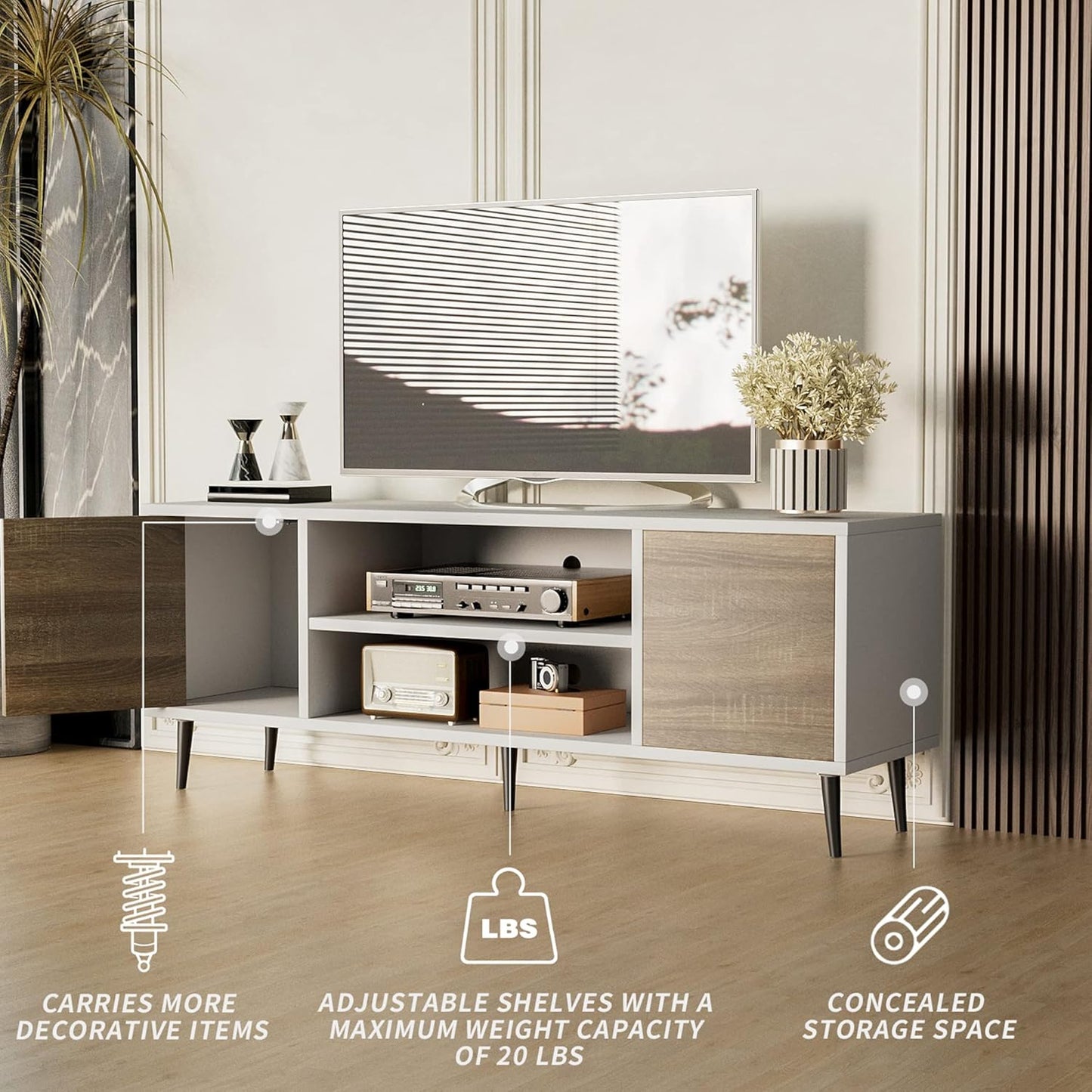 JUMMICO Mid-Century Modern TV Stand for 55/65 Inch TV, Entertainment Center with Storage Cabinet and Open Shelves, TV Media Cabinet for Living Room, Bedroom and Office (White and Oak, 65 Inches)