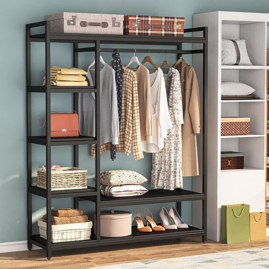 LITTLE TREE Free-standing Closet Organizer, Heavy Duty Clothes Closet, Portable Garment Rack with 6-tier Shelves and Hanging rod, Black Metal Frame & White Board (Black&black)