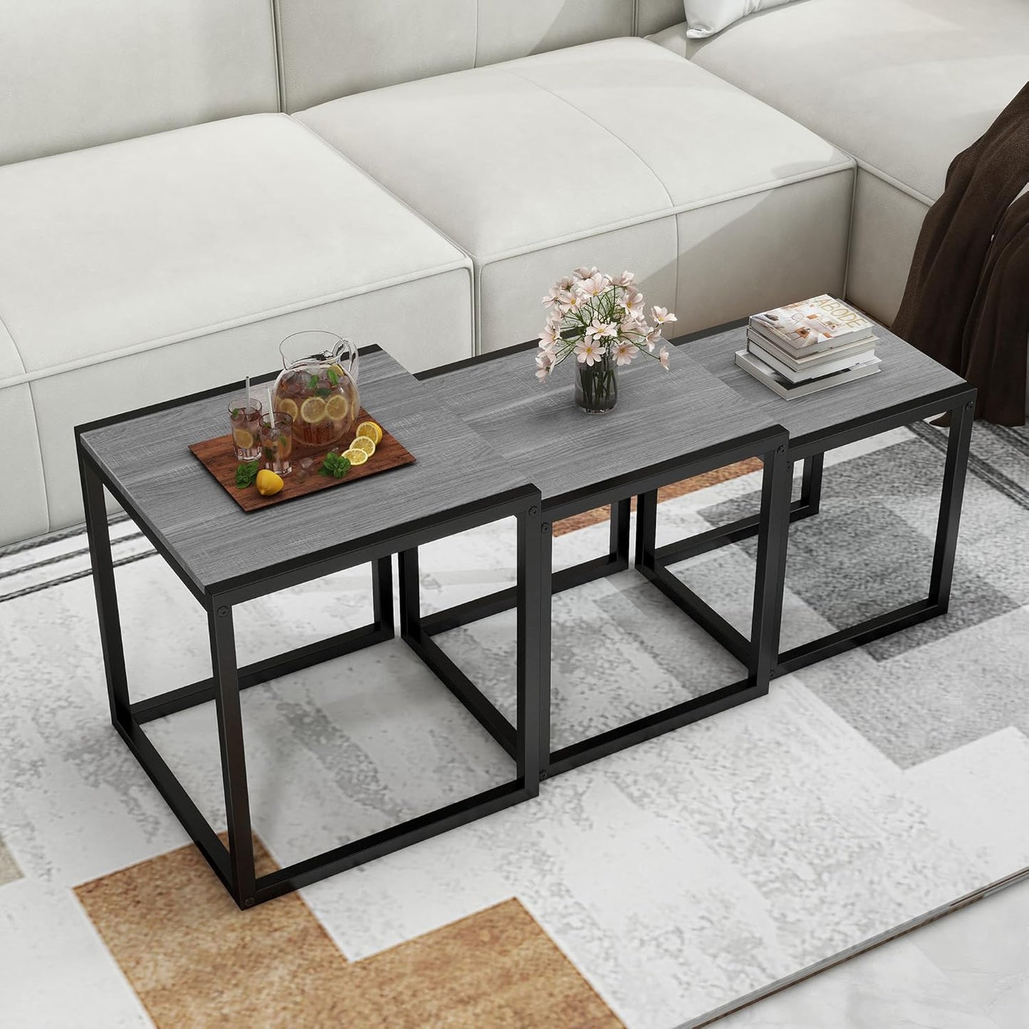 HAHRIR Nesting Table Set of 3 Side Tables, Modern Coffee Table Stacking End Table with Metal Frame (A-Square, Grey)