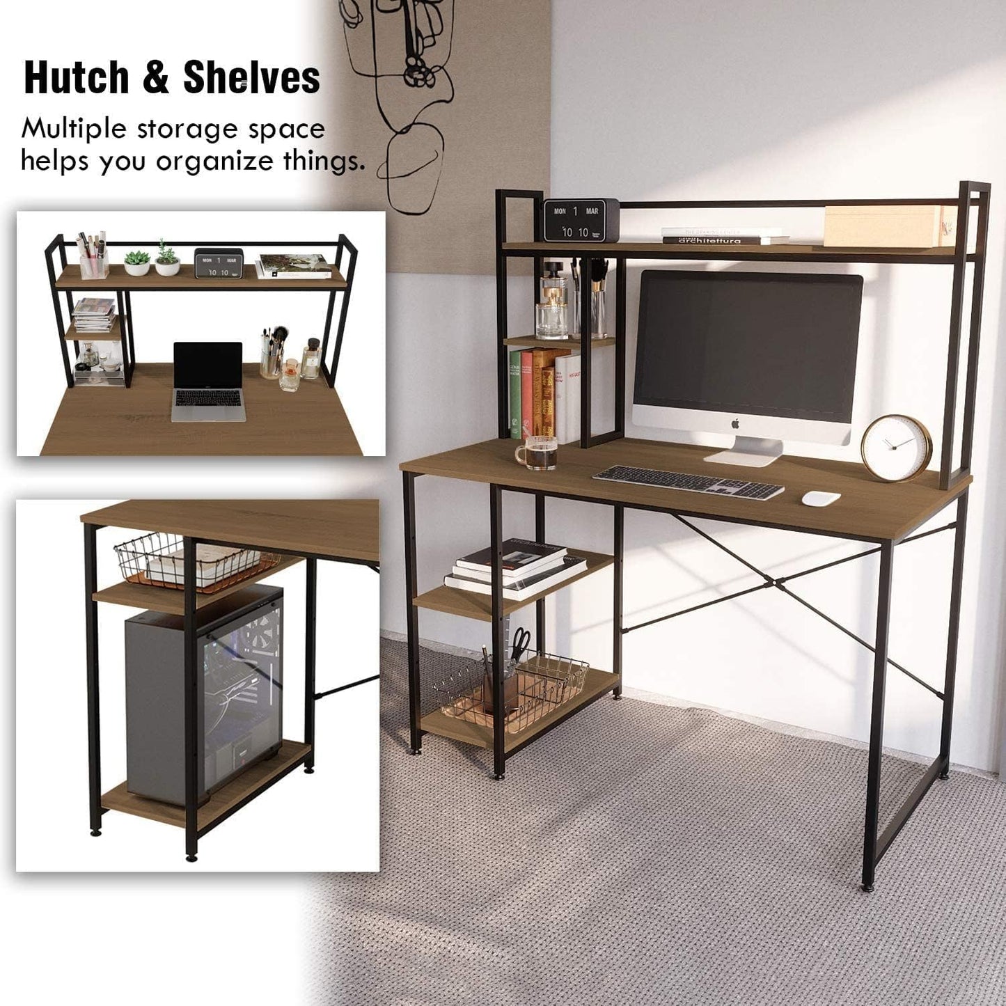 Home gallery Computer desk 120 cm with hutch and storage shelves brown
