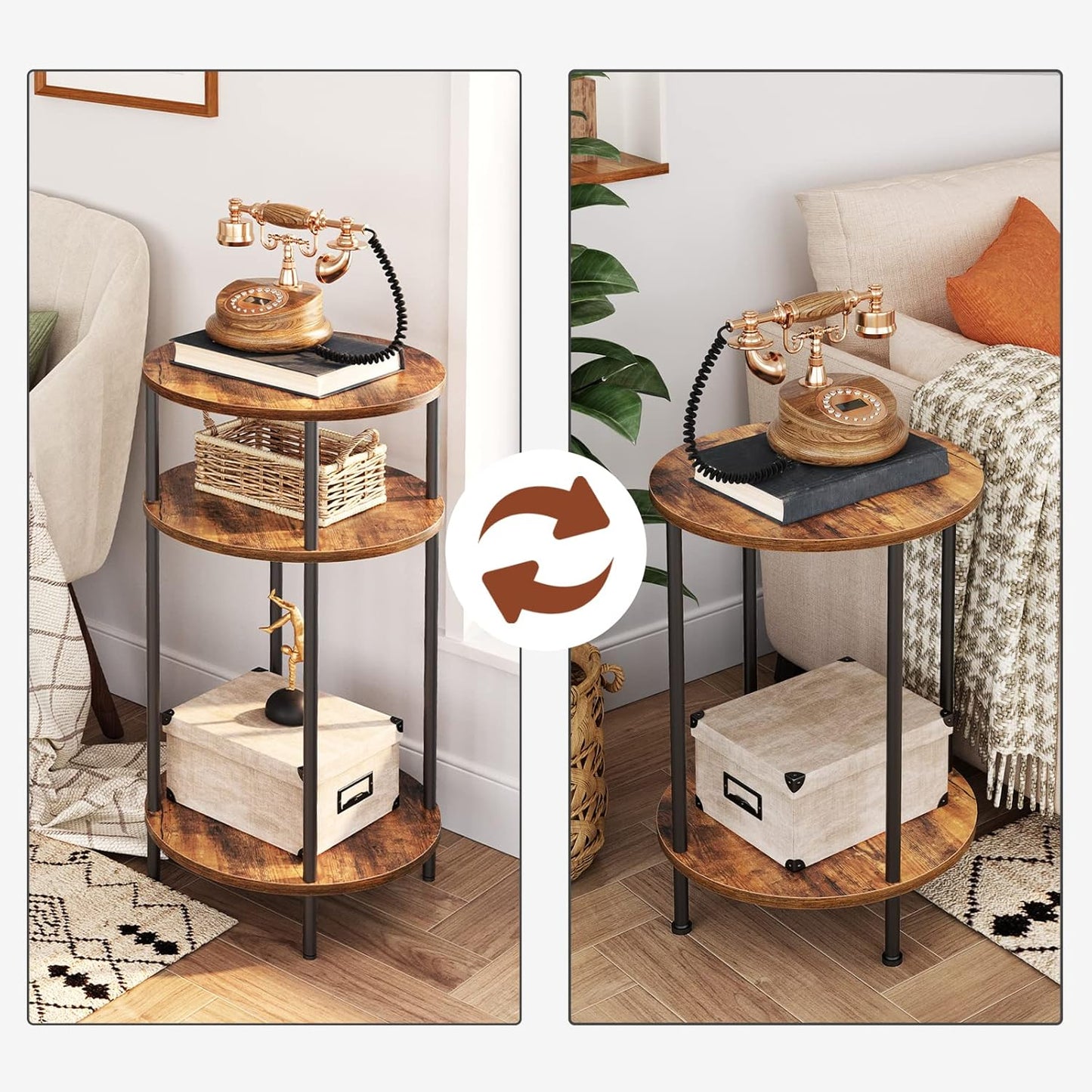 HOOBRO Tall Sofa Side Table, Small Round Coffee Table with Storage, Industrial Telephone Table for Small Space, Bedside Table, for Living Room, Bedroom, Summerhouse, Rustic Brown and Black EBF30DH01