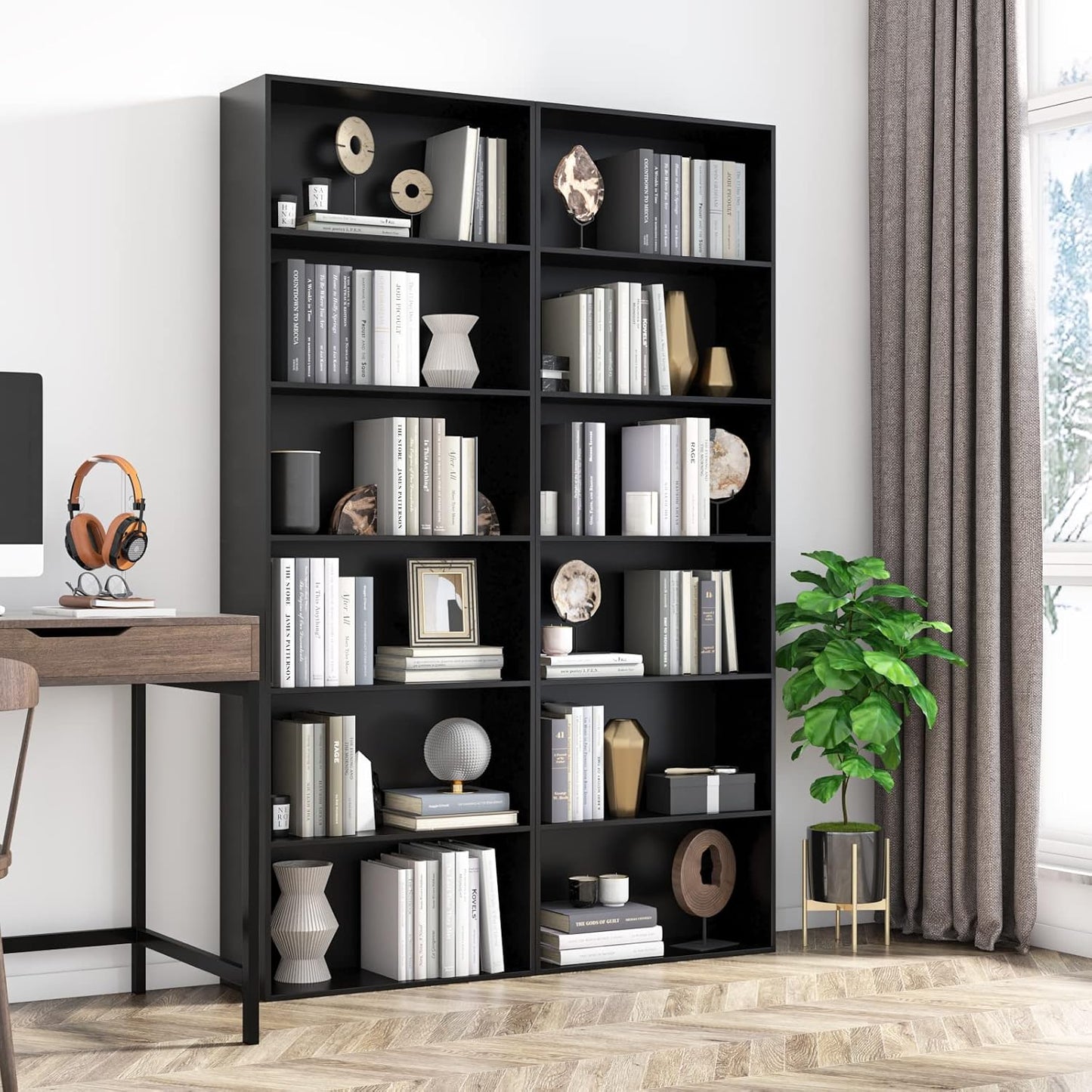FirFurd Bookcase 6 Tiers Bookshelf Black Tall Display Shelf Freestanding Wooden Storage Unit for Living Room Bedroom Office 60x23.5x180cm