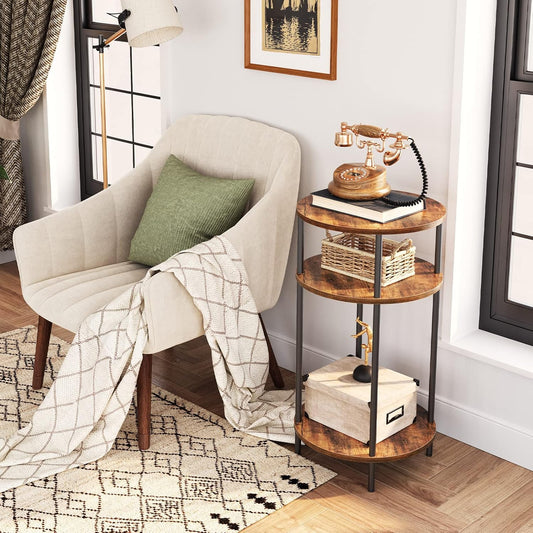 HOOBRO Tall Sofa Side Table, Small Round Coffee Table with Storage, Industrial Telephone Table for Small Space, Bedside Table, for Living Room, Bedroom, Summerhouse, Rustic Brown and Black EBF30DH01