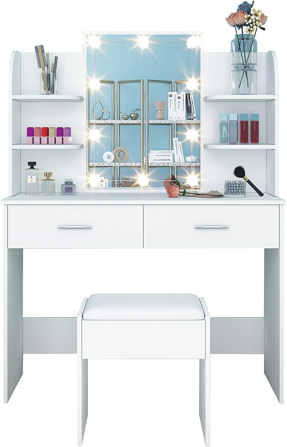AWOOOD White Dressing Table,Dressing Tables with Lights & Mirror,Vanity Makeup Table Set with 2 Large Drawers & Stool for Girls