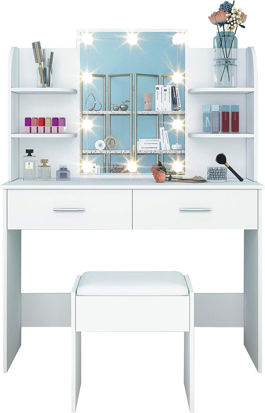 AWOOOD White Dressing Table,Dressing Tables with Lights & Mirror,Vanity Makeup Table Set with 2 Large Drawers & Stool for Girls