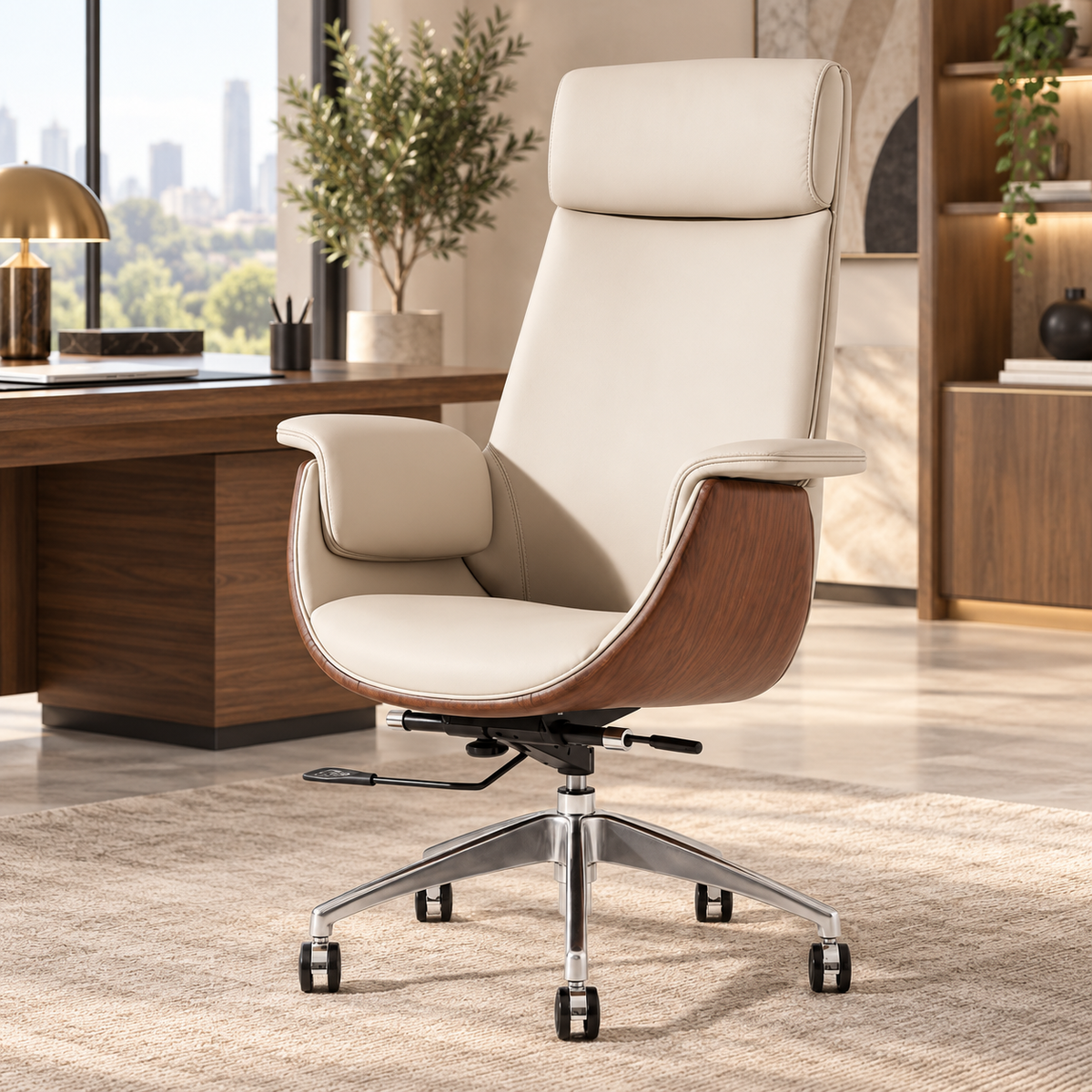 Modern Executive Reclining Office Chair with Padded Headrest & Wooden Accents