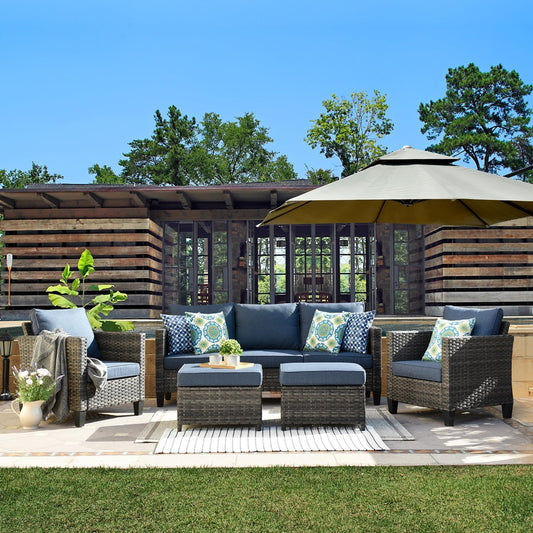 ovios Patio Furniture Set, 5 Pieces Outdoor Wicker Rattan Sofa Couch with Ottomans and Comfy Cushions, All Weather High Back Conversation Set for Backyard Porch Garden, Denim Blue