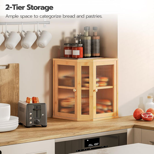 HOOBRO Bamboo Bread Box, Kitchen Countertop Corner Bread Box, Large Capacity 2-Tier Bread Box, Bread Storage Container with Dual Rippled Acrylic Doors, for Kitchen Food Storage, Natural YL12MB01