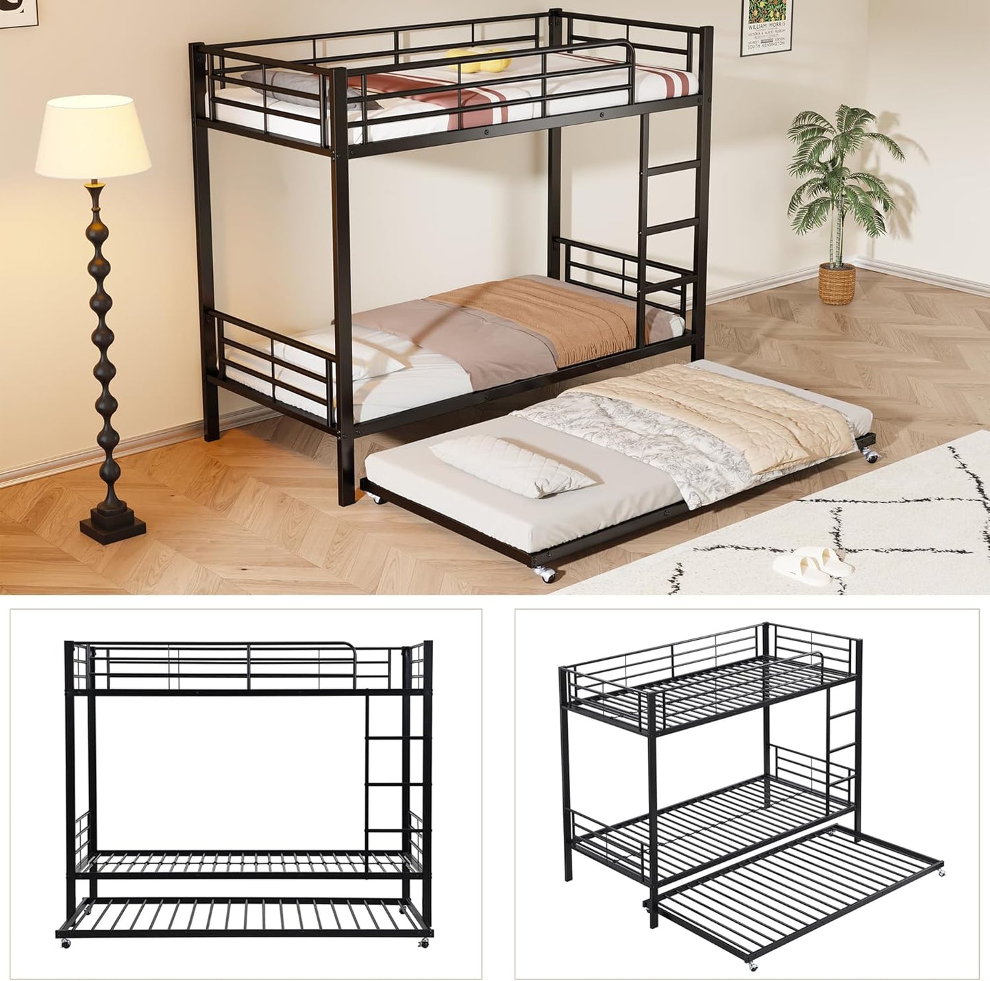 Moimhear Iron Bunk Bed, Suitable for Children and Teenagers, with Pull-Out Bed, Four Side Bars on the Top Bed, Iron, 90 x 200 cm and 90 x 190 cm