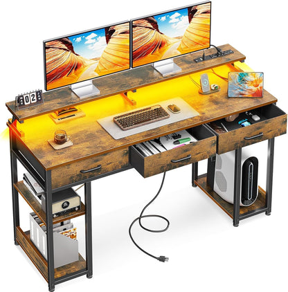 AODK 55 inch Computer Desk with 3 Drawers, Gaming Desk with LED Lights & Power Outlets, Home Office Desk with Storage Shelves & Monitor Stand, Modern Work Study Writing Table for Small Spaces, Black