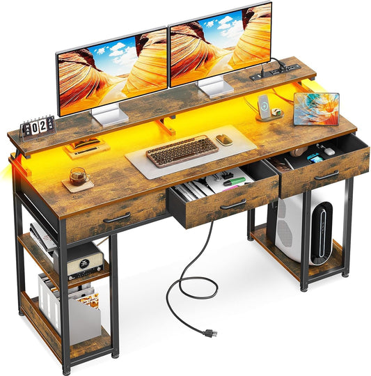 AODK 55 inch Computer Desk with 3 Drawers, Gaming Desk with LED Lights & Power Outlets, Home Office Desk with Storage Shelves & Monitor Stand, Modern Work Study Writing Table for Small Spaces, Black