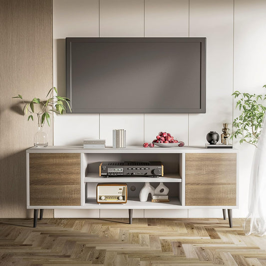 JUMMICO Mid-Century Modern TV Stand for 55/65 Inch TV, Entertainment Center with Storage Cabinet and Open Shelves, TV Media Cabinet for Living Room, Bedroom and Office (White and Oak, 65 Inches)