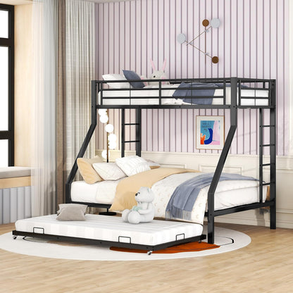 KUAKE Bunk Bed, Metal Bed with Pull-Out Bed, with Ladder on Both Sides for Children, Teenagers, Adults, 90 (140) x 200 cm, (Black)