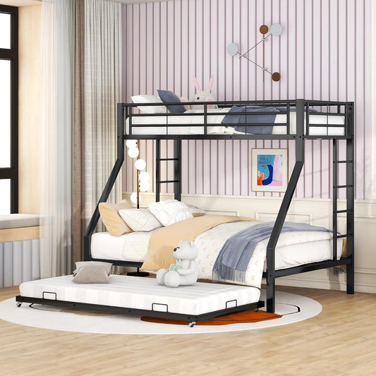 KUAKE Bunk Bed, Metal Bed with Pull-Out Bed, with Ladder on Both Sides for Children, Teenagers, Adults, 90 (140) x 200 cm, (Black)
