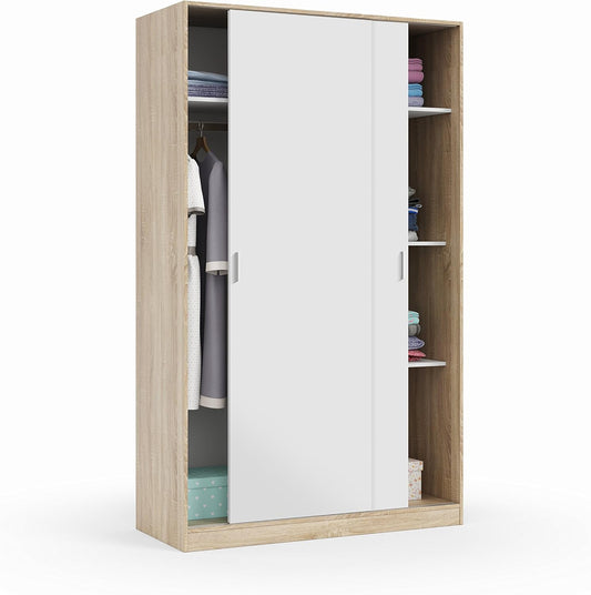Dmora Wardrobe with Two Sliding Doors and Three Shelves, Oak and Glossy White, cm 120 x 50 x h200, Length 120 cm