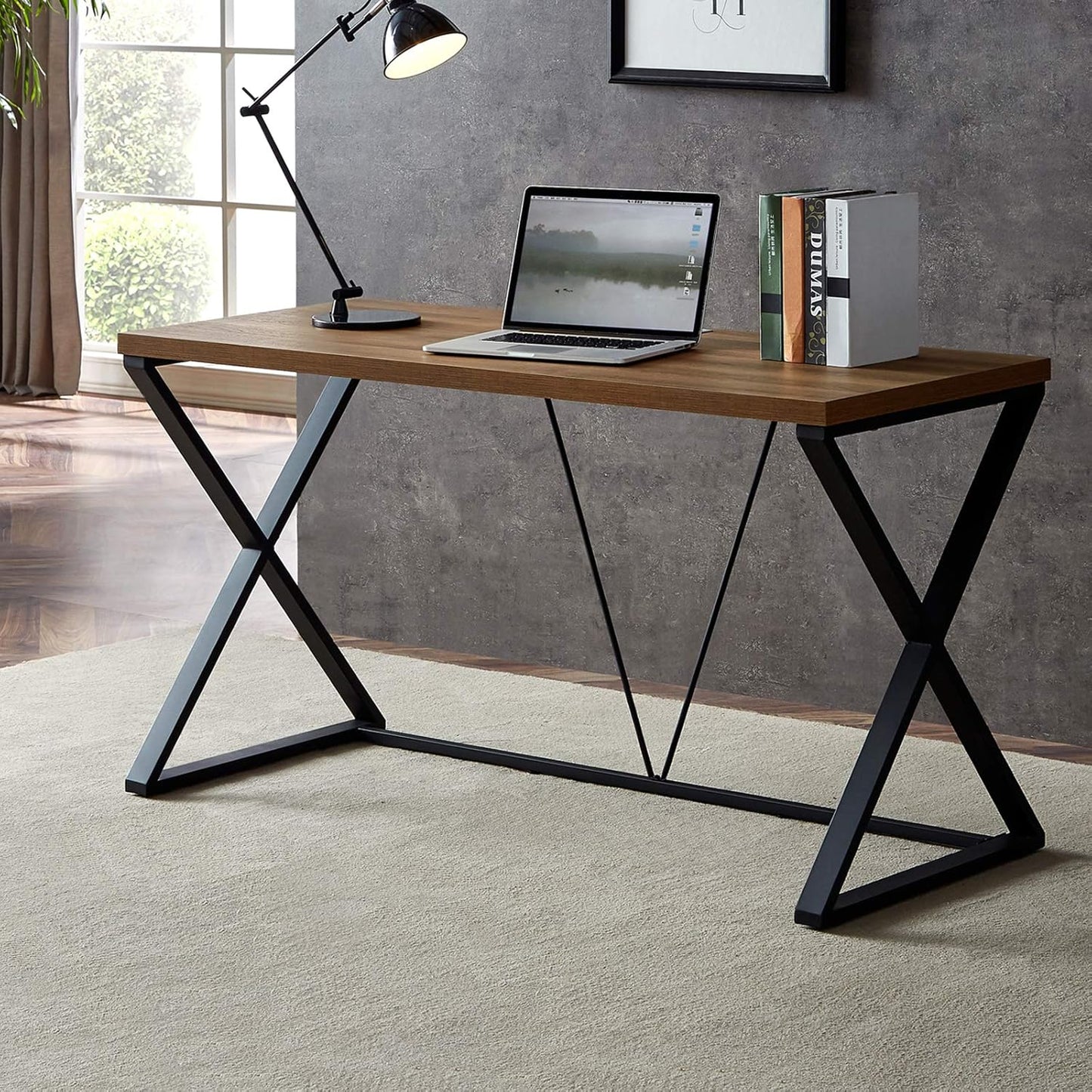 dyh Computer Desk, Rustic Wood and Metal X Writing Desk, Wood Table for Home Office, 55 inch