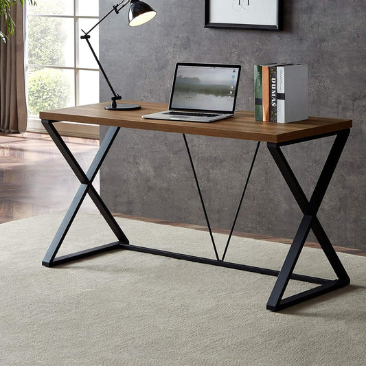 dyh Computer Desk, Rustic Wood and Metal X Writing Desk, Wood Table for Home Office, 55 inch