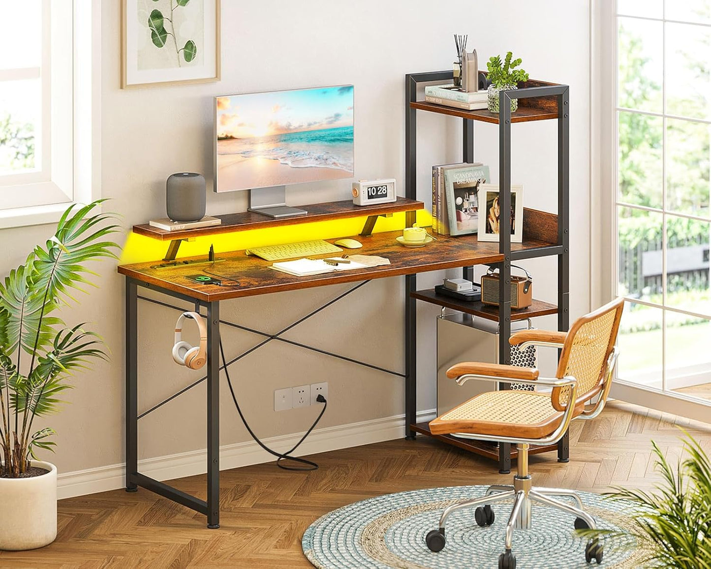 ODK Reversible Computer Desk with Power Outlets & USB Charging Port, 48 Inch Gaming with Storage Shelves and Monitor Stand, Modern Writing Study Desk for Small Space Bedroom
