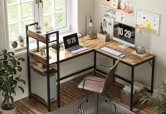 CubiCubi L Shaped Desk, 51.1 Inch Computer Corner Desk with Hutch, Storage Shelves, Writing Gaming Study Desk with Bookshelf, Rustic Brown