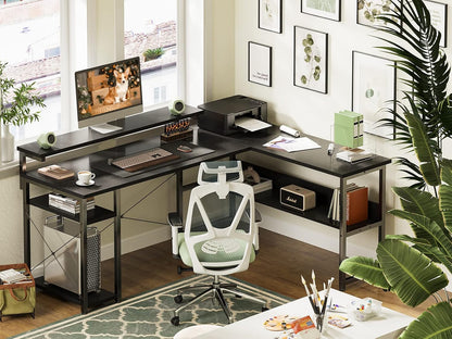 ODK 61" Reversible L Shaped Computer Desk, Modern Black Corner Desk with Storage Shelves & Monitor Stand, Home Office, Gaming, Writing Desk