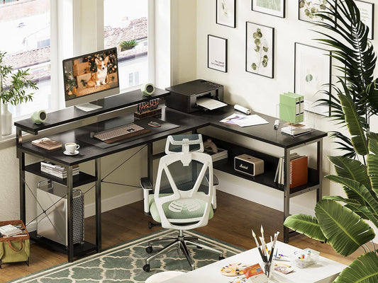 ODK 61" Reversible L Shaped Computer Desk, Modern Black Corner Desk with Storage Shelves & Monitor Stand, Home Office, Gaming, Writing Desk