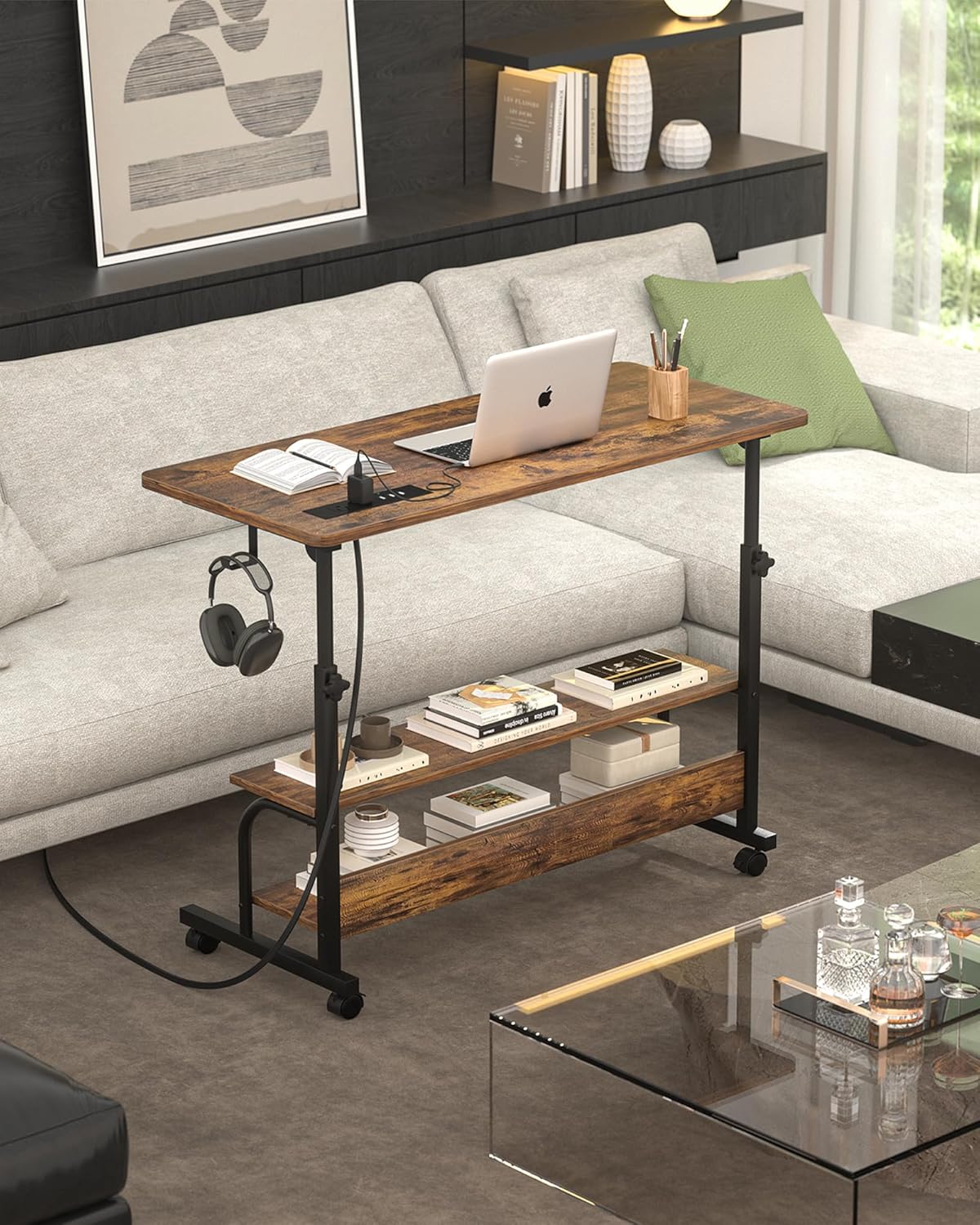 armocity Height Adjustable Standing Desk with Power Outlets, 32" Manual Stand Up Desk with Storage Shelves Small Mobile Rolling Computer Desk Portable Laptop Table with Wheels for Home Office, Rustic