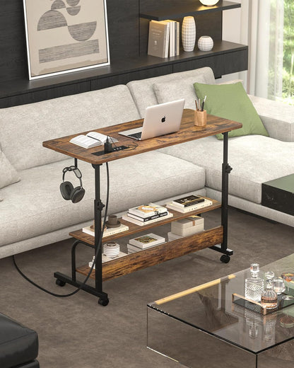 armocity Height Adjustable Standing Desk with Power Outlets, 32" Manual Stand Up Desk with Storage Shelves Small Mobile Rolling Computer Desk Portable Laptop Table with Wheels for Home Office, Rustic