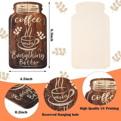 Jetec Wood Coffee Sign Mason Jar Wall Hanging Plaque - Farmhouse Coffee Bar Decor for Kitchen, Office, Home Wall and Table (Classic Style)