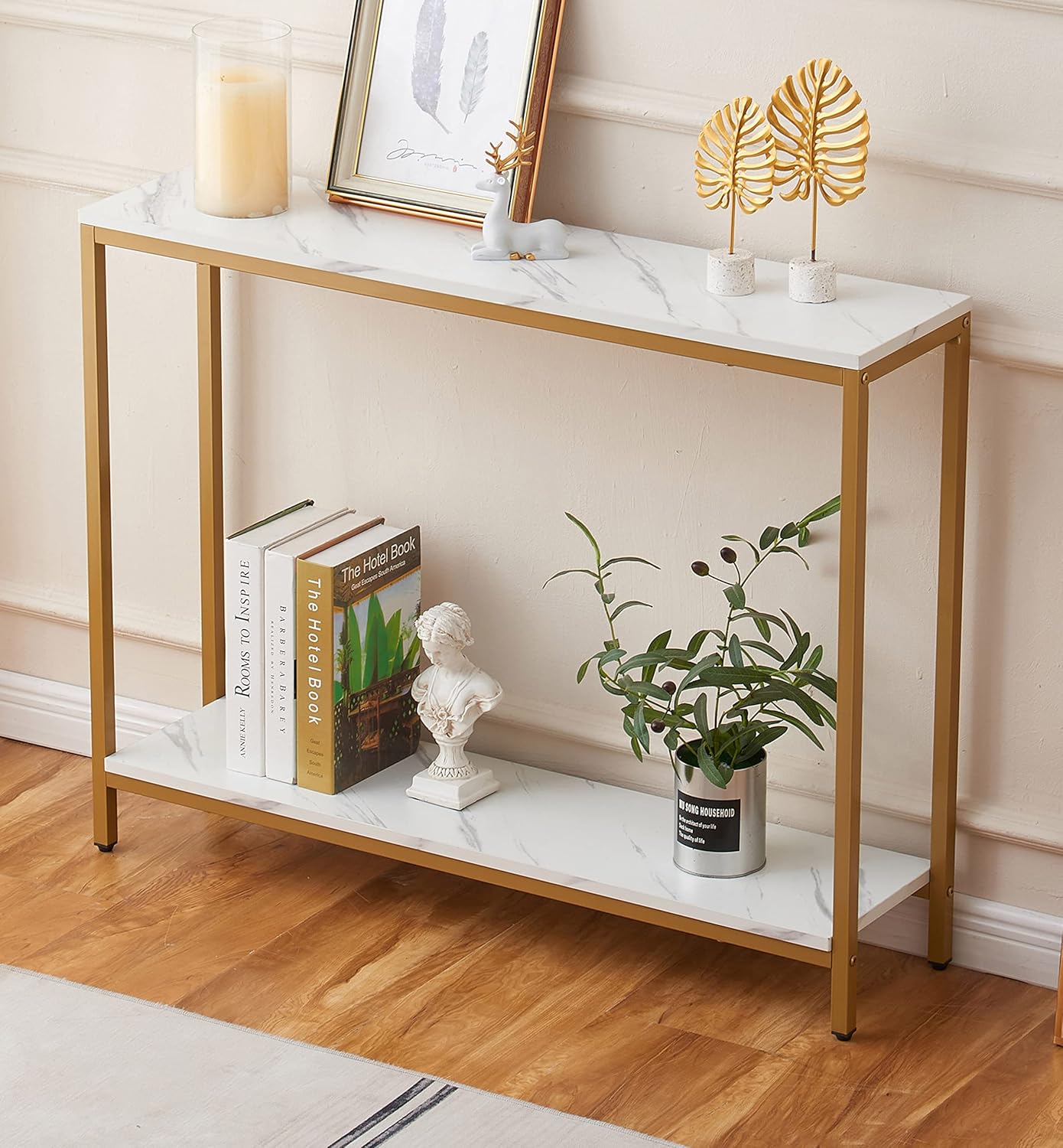 loglus Console Table for Entryway, Faux Marble MDF Sofa Table with Golden Frame (Double Layer,Single Layer, White Marble)