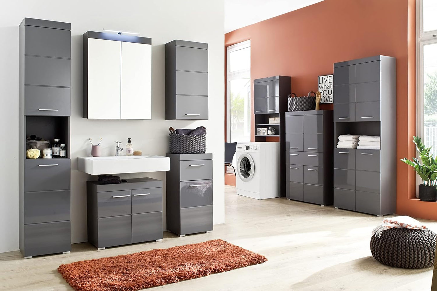 Trendteam Smart Living Amanda Bathroom Sink Vanity Unit, 60 x 56 x 34 cm, Grey/High-Gloss Agave Grey with Lots of Storage Space