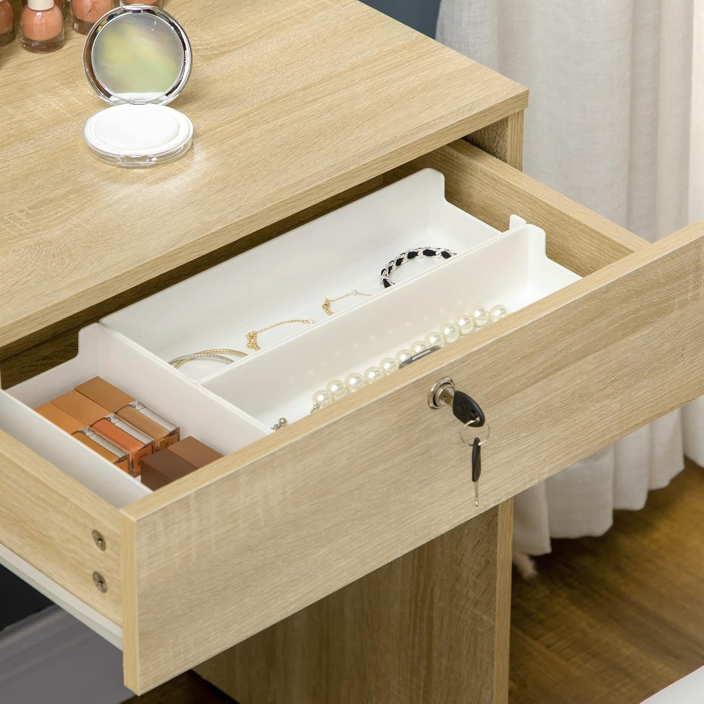 HOMCOM Dressing Table Makeup Table Set with Stool Padded Large Mirror + Multiple Open Shelves + 4 Drawers Natural Wood