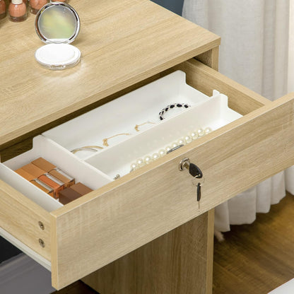 HOMCOM Dressing Table Makeup Table Set with Stool Padded Large Mirror + Multiple Open Shelves + 4 Drawers Natural Wood