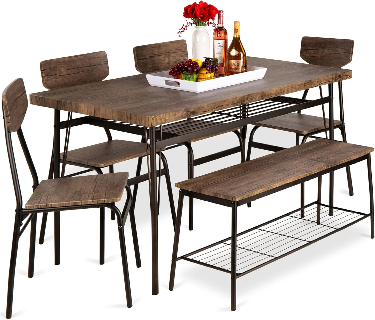 Best Choice Products 6-Piece 55in Wooden Modern Dining Set for Home, Kitchen, Dining Room w/Storage Racks, Rectangular Table, Bench, 4 Chairs, Steel Frame - Brown