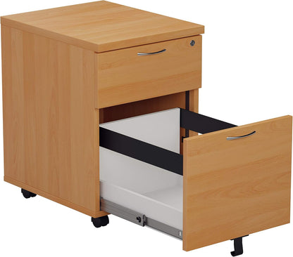 Office Hippo Heavy Duty 2 Drawer Mobile Pedestal Filing Cabinet with Anti-Tilt Mechanism & Lockable Office Storage, 5 Year Warranty - Beech
